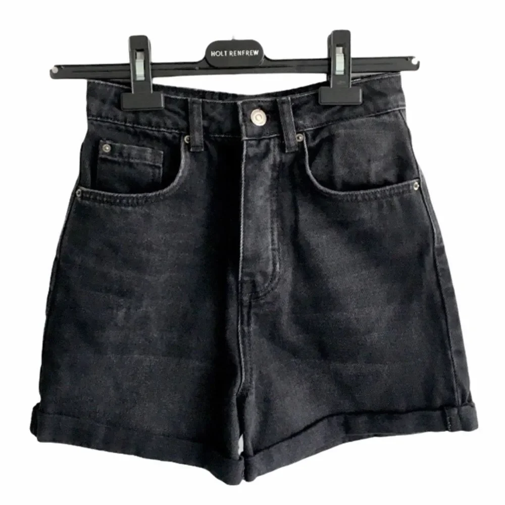 STRADIVARIUS High Waisted Denim Jean Shorts Cuff Black 24